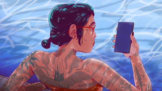 An illustration of a woman in a pool looking at her smartphone.