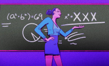 Illustration of a woman standing in front of a chalkboard with mathematical equations behind her, featuring "xxx" and "69"