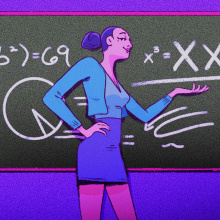 Illustration of a woman standing in front of a chalkboard with mathematical equations behind her, featuring "xxx" and "69"