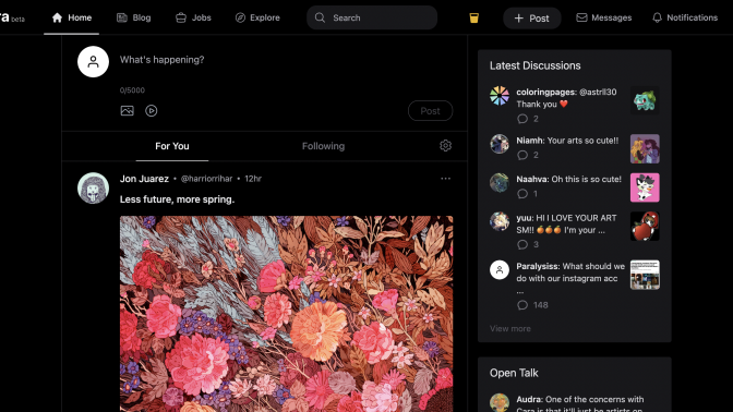 A screenshot of Cara, the new social media app for artists