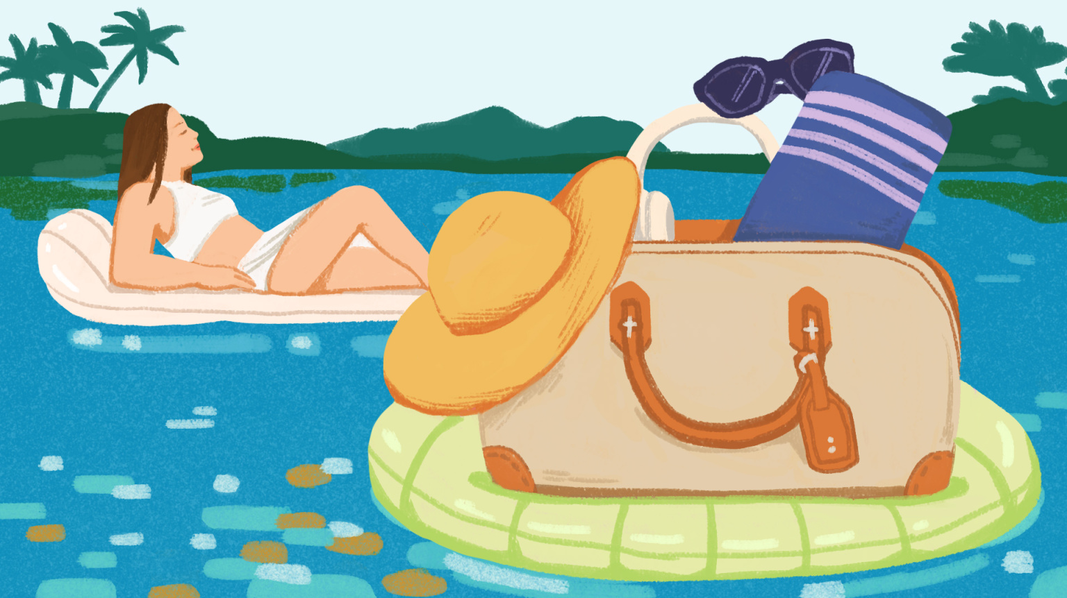 An illustration of a bag full of travel items resting in a pool ring. It floats on a body of water in a tropical location. Behind it, a woman reclines on an inflatable raft.