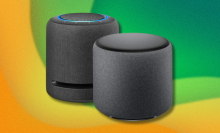 Amazon Echo Studio and Echo Sub on green and yellow abstract background