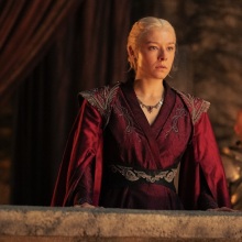 Rhaenyra Targaryen in a red gown.