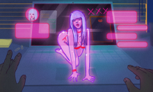 Illustration of a female sex worker wearing pink underwear, posing on her hands and knees on the floor, surrounded by pink chat bubbles.