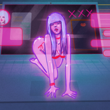 Illustration of a female sex worker wearing pink underwear, posing on her hands and knees on the floor, surrounded by pink chat bubbles.