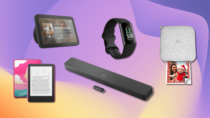 Kindle Kids, Echo Show 8, Fire TV Soundbar Plus, Fitbit Charge 6, and HP Sprocket printer with purple and yellow background