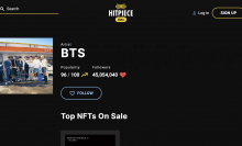 A screenshot of HitPiece's website offering NFTs of BTS songs for sale.