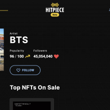 A screenshot of HitPiece's website offering NFTs of BTS songs for sale.