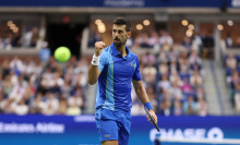 Novak Djokovic of Serbia celebrates a point