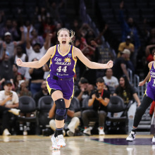 Karlie Samuelson of the Los Angeles Sparks celebrates a basket