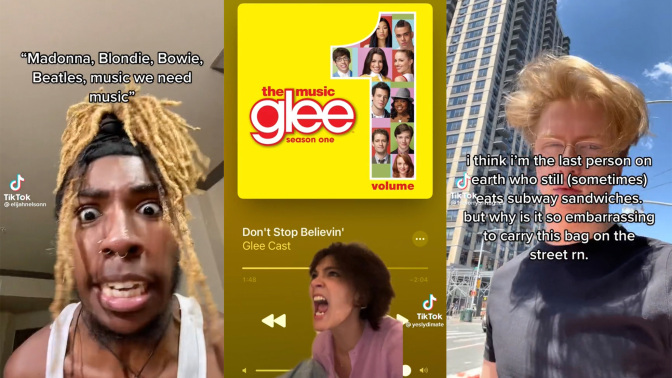 Woman screaming in front of "Don't Stop Believin' (Glee Cast Version)"