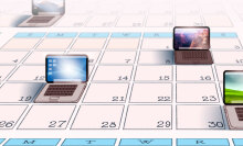 an illustration of a monthly calendar with dates replaced by miniature laptops