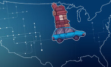 Outline of the United States, inside is car with the roof packed with suitcases