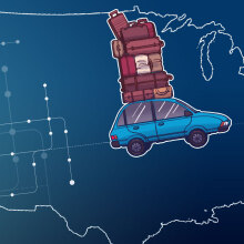 Outline of the United States, inside is car with the roof packed with suitcases