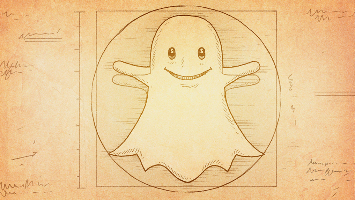 Snapchat mascot Ghostface Chillah illustrated in the style of Leonardo Da Vinci's Vitruvian Man. 