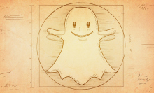 Snapchat mascot Ghostface Chillah illustrated in the style of Leonardo Da Vinci's Vitruvian Man. 