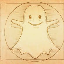 Snapchat mascot Ghostface Chillah illustrated in the style of Leonardo Da Vinci's Vitruvian Man. 