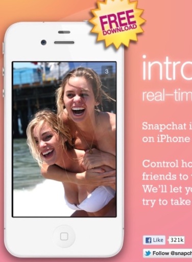 An advertisement with a smartphone displaying two young, smiling women in an early version of Snapchat.