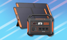 Jackery Solar Generator on light blue abstract background