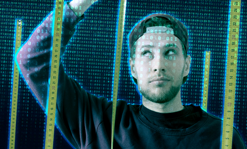 Picutre of a man in backwards cap looking off to side. Imposed on the image is binary code and measuring tape