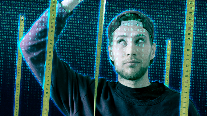 Picutre of a man in backwards cap looking off to side. Imposed on the image is binary code and measuring tape