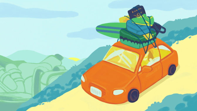 An illustration of a car with various gadgets on top of it. In the background are hills made of various products.