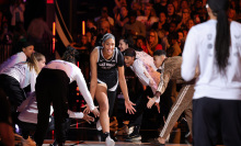 A'ja Wilson #22 of the Las Vegas Aces is introduced before a game against the Minnesota Lynx