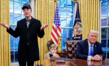 Tesla and SpaceX CEO Elon Musk, accompanied by U.S. President Donald Trump (R), and his son X Musk, speaks during an executive order signing in the Oval Office at the White House on February 11, 2025 in Washington, DC. 