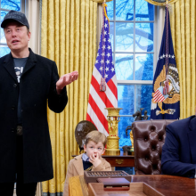 Tesla and SpaceX CEO Elon Musk, accompanied by U.S. President Donald Trump (R), and his son X Musk, speaks during an executive order signing in the Oval Office at the White House on February 11, 2025 in Washington, DC. 