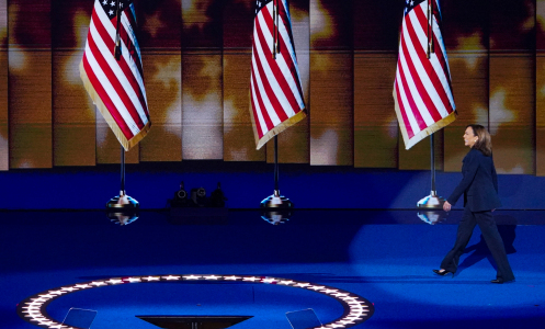 Kamala Harris strides on to the DNC stage.