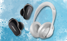 Bose earbuds and headphones with blue splatter background