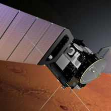 An artist's conception of the European Space Agency's Mars Express orbiter flying above Mars.