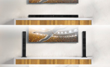 Soundbar lying on top of drawers in top image, split in two and standing upright on drawers in bottom image