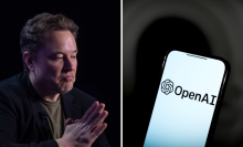 A composite of two images. On the left is a photograph of Elon Musk, on the right is a smartphone showing the OpenAI logo on a smartphone screen.