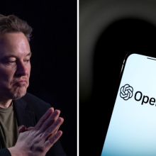 A composite of two images. On the left is a photograph of Elon Musk, on the right is a smartphone showing the OpenAI logo on a smartphone screen.