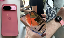 Triple-split photo of Pixel 9, Pixel Watch 3, and Pixel 9 Pro Fold