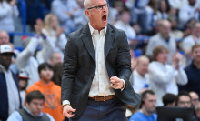 UConn Huskies head coach Dan Hurley reacts to a play during the game as the Marquette Golden Eagles take on the UConn Huskies on Feb. 17, 2024, at the XL Center in Hartford, Connecticut.