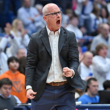 UConn Huskies head coach Dan Hurley reacts to a play during the game as the Marquette Golden Eagles take on the UConn Huskies on Feb. 17, 2024, at the XL Center in Hartford, Connecticut.