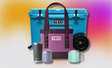Yeti cooler and cups against a colorful background