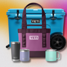 Yeti cooler and cups against a colorful background
