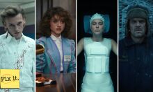 4 stills: A blood-spattered man dressed all in white, a young woman in a blue blouse with a sticker saying "visitor" on it, a young woman floating in dark water wearing a white cap that has electrodes coming out of it, a man in winter clothing and a fur hat