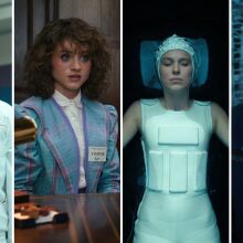 4 stills: A blood-spattered man dressed all in white, a young woman in a blue blouse with a sticker saying "visitor" on it, a young woman floating in dark water wearing a white cap that has electrodes coming out of it, a man in winter clothing and a fur hat