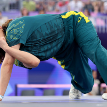 B-Girl Raygun of Team Australia competes during the B-Girls Round Robin - Group B on day fourteen of the Olympic Games Paris 2024 at Place de la Concorde on August 09, 2024 in Paris, France.