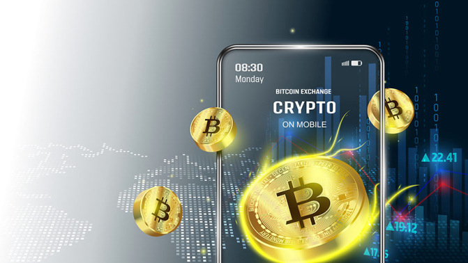 Gold Bitcoin coins floating out of phone screen showing bitcoin exchange illustration