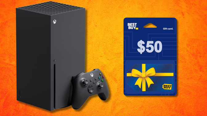 xbox console and a best buy gift card against an orange background 