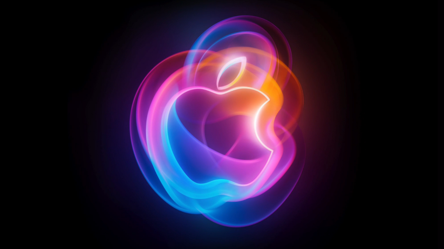 The Apple logo, glowing in blue, pink, and orange colours on a black background.