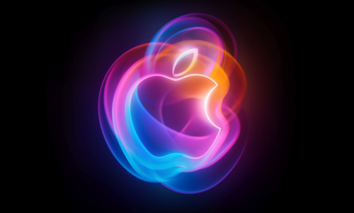 The Apple logo, glowing in blue, pink, and orange colours on a black background.