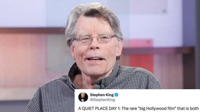 A man in a shirt sits in a seat, grinning. A screenshot from X showing a post from Stephen King is visible in the bottom-right corner.