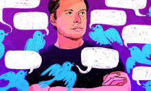 Illustration of Elon Musk with blue Twitter birds flying around his head.