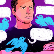 Illustration of Elon Musk with blue Twitter birds flying around his head.